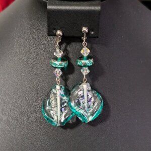 VINTAGE Swarovski Bicone Earrings Set Teal Green Glass Custom Made Gorgeous